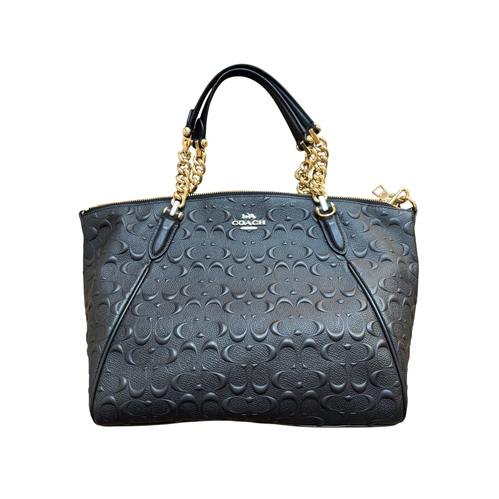 Coach Black Embossed Signature Leather Small Kelsey Satchel Gold Chain Detail - Picture 2 of 14